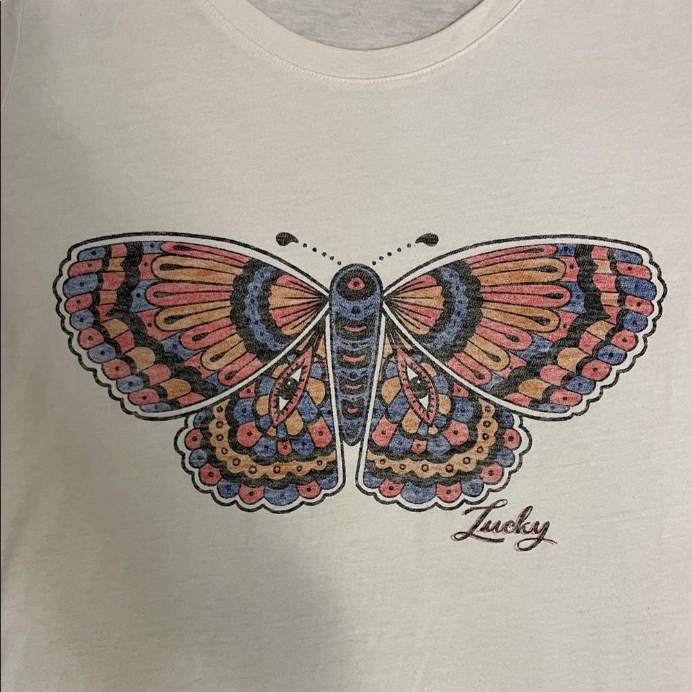 Lucky Brand Women's White Tee with Colorful Butterfly Design - Picture 3 of 4